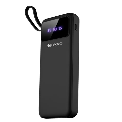 ZEBRONICS MB10000S6 (V1) Power Bank, 10000 mAh, 12W, 5 x Outputs - Dual USB A | Type C | Micro USB | Lightning, Built in I/O Cables, Percentage Display, Carry Loop, Made in India (Black)