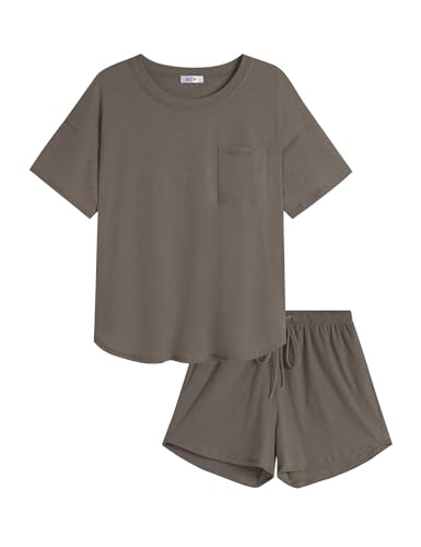 Image of KCW Pajamas for Women Set 2 Piece 100% Cotton Lounge Sets Short Sleeve Top and Shorts Pj Set Sleepwear Outfits