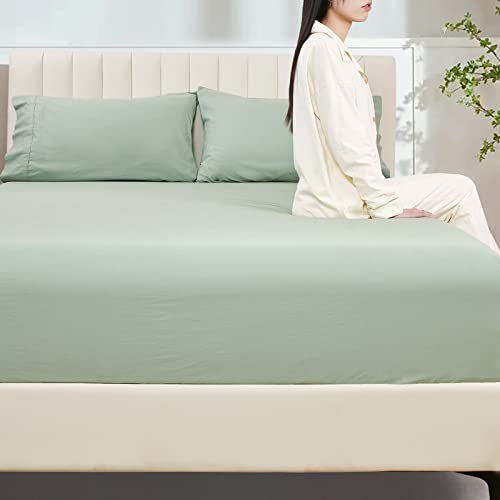 Phf 100% Washed Cotton Fitted Sheet Full Size - Linen Like Cozy Soft Bottom Sheets With Elastic Deep Pockets, Easy Fit Breathable Warm Not Shrink,54"X 75",Sage Green #TOP2