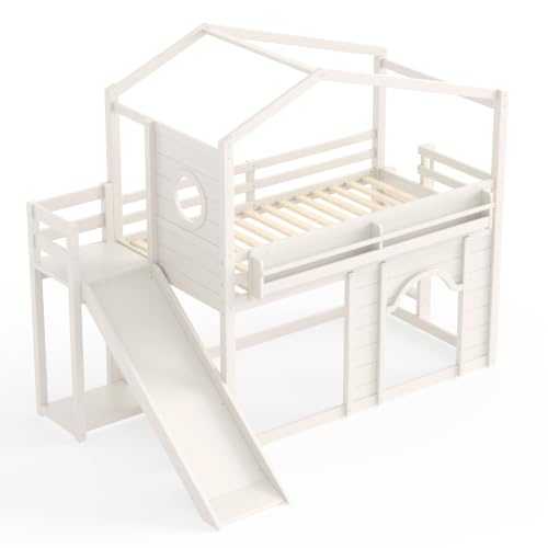 Image of Bellemave Bunk beds Twin Over Twin with Slide,Bookshelf and Wardrobe House roof Design, Low bunk /loft Bed for Kids,Beige