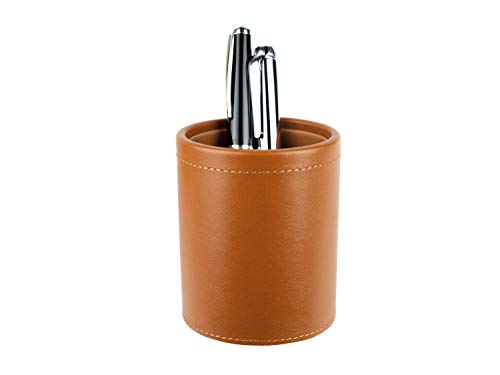 DELMON VARONE - Stifteköcher aus Premium Boxcalf Leder braun, Echtleder Stiftebecher mit PU Innenverkleidung und rutschfester Vliesunterseite, Eleganter Stiftehalter rund für Schreibtisch und Büro