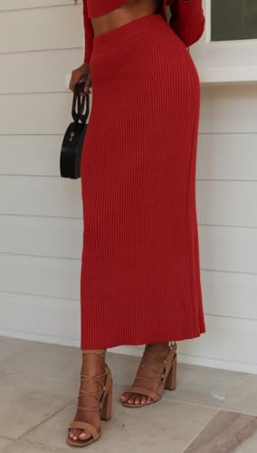 Image of chouyatou Women's Ribbed Sweater Sets Crop Top and Maxi Bodycon Skirt Sets 2 Piece Outfits
