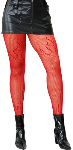 Image of Red Flame Tights, Sexy High Waist Fishnet Stockings - Premium Stretchy Fishnet Tights, Trendy and Comfortable Halloween