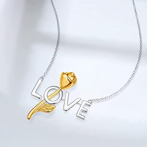 Sfert Rose Flower Love Script Letters Name Plate Style Pendant For Women Necklace For Girlfriend 925 Sterling Silver 18 Inches #TOP4