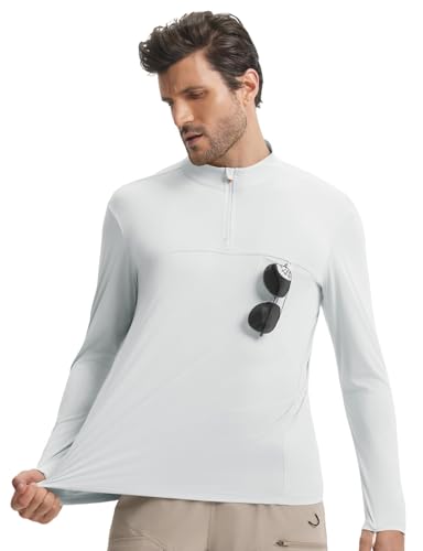 baleaf Men's Long Sleeve Sun Shirts with Pocket 1/4 Zip Hiking Running Quick Dry Lightweight Rash Guard UV Outdoor Shirt Light Gray M