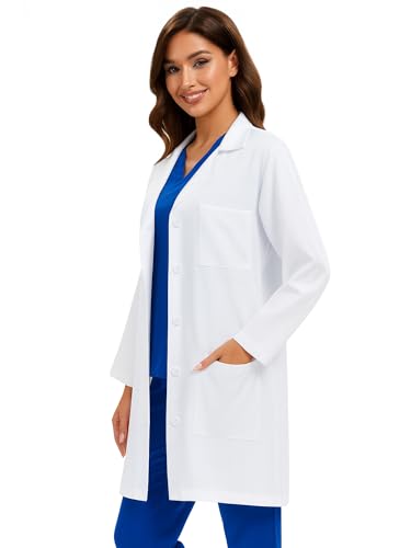 COZYFIT Lab Coat for Woman 3 Pockets, Long Sleeve Medical Coat, Relaxed Fit, White, XL