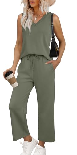 WIHOLL 2 Piece Sets for Women Dressy Casual Summer Outfits Wide Leg Crop Pant Sets Women Two Piece Outfits Olive L