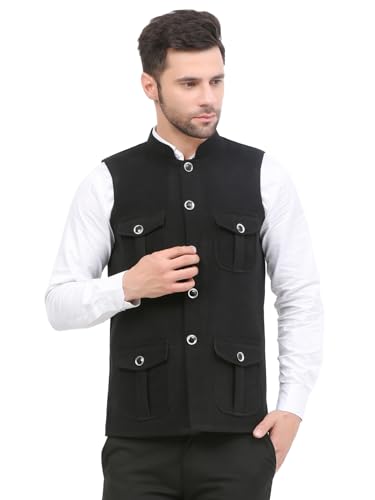 Image of FH Wearza Polywool tweed Solid multipocket Sleeveles Nehru Jacket For Men
