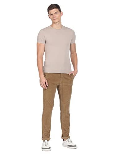 Image of Men Brown Mid Rise Corduroy Solid Casual Trousers