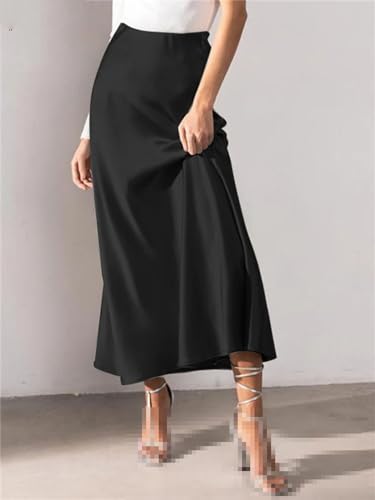 Fashion High Waist Solid Midi Skirt Women Holiday Work Party Satin Skirts3