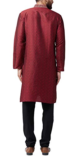 Image of SOJANYA (Since 1958 Mens Maroon Jacquard Silk Kurta and Black Churidaar Pyjama Set