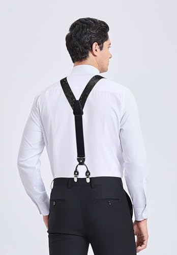 Image of HISDERN Suspenders for Men Paisley Floral Bow tie Suspender Pocket Square Sets Adjustable Y Shape 6 Clips Wedding Braces