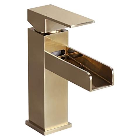 Homary Modern Brushed Gold Waterfall Spout Bathroom Vanity Sink Faucet Deck Mounted Single Lever Handle One Hole Sink Faucet Filler with Drain Assembly, Solid Brass cUPC Certified Lead Free Cover