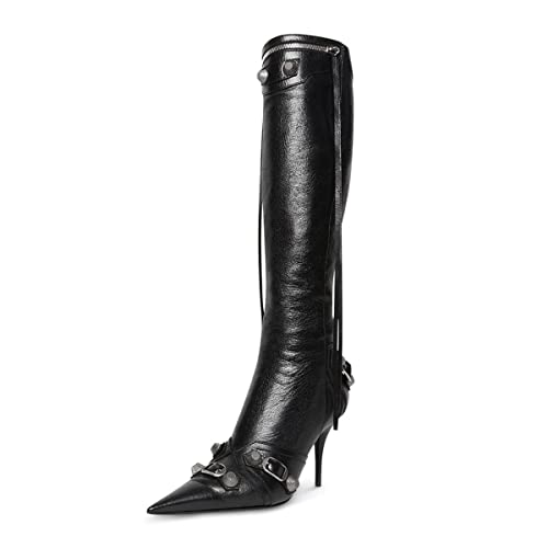 Goolita Women's Pointed Toe Rivet Knee High Boots Stiletto High Heel Punk Style Boot Thin Tassels Buckle Long Bootie