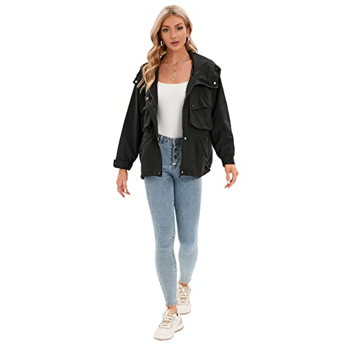 Meeuwstad Women's Casual Oversized Jacket Hooded Utility Anorak, Lightweight Batwing Sleeve Fashion Coat (L, Black) #TOP4