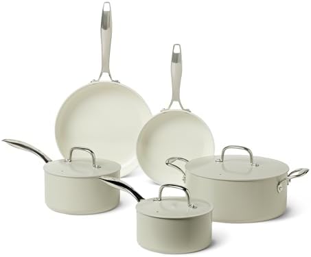 Amazon Basics Ceramic Nonstick Cookware, 8-Piece Set of Pots and ...