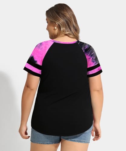 Image of CARCOS Plus Size Tops for Women Short Sleeve Summer Pullover Color Block Crewneck /V Neck Tee Tunic Loose Fit Tshirts XL-5XL