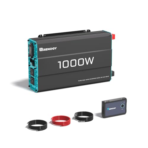 Renogy Inverter P2 1000 watt Pure Sine Wave Inverter, Solar Car Power Inverter 12V to 120V AC Converter for RV, Truck, Camping, Home Backup, Outdoor, Emergency, Off-Grid Living, 16.4FT Remote Control
