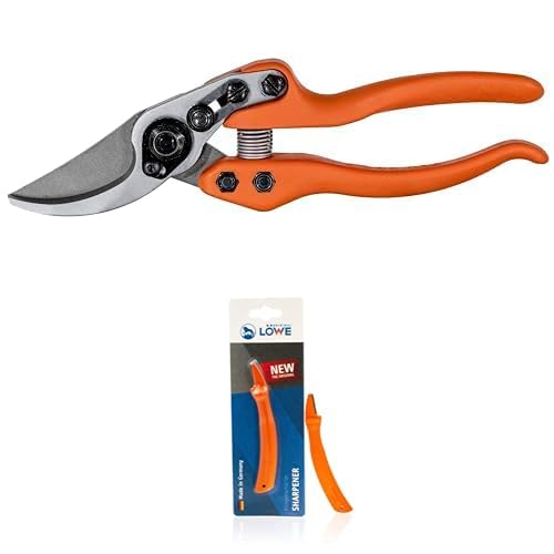 Original LÖWE Set bestehend aus Profi Bypass Gartenschere 11.104 für präzise Schnitte an Blumen, Zweigen oder Obstbäumen & Klingenschärfer 0022 für Gartenscheren und Industriescheren