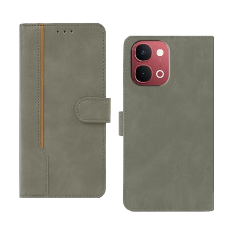 Image of amazon basics Vivo Y51 Pro 5G Flip Cover | Card Pockets Wallet & Stand | Flip Cover for Vivo Y51 Pro 5G (Gray with Beige Strip)