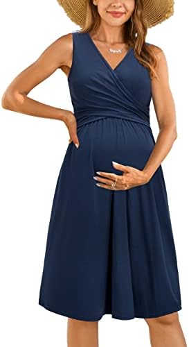 OUGES Womens Midi Nursing Maternity Dresses for Photoshoot Baby Shower Pregnancy Summer Dress Clothes(Navy,M)