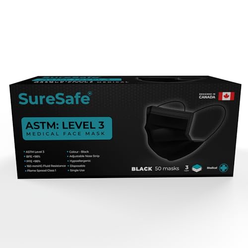 SureSafe 50 PCS ASTM Level-3 Masks Disposable, Black face mask, Medical mask, Disposable Masks with Earloops, dust mask - Image 3