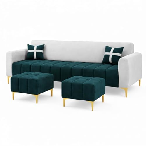 Image of Melody 3 Seater Modular L Shape Sofa Set with 2 Ottoman | Soft Velvet Upholstery, Sturdy Wooden Frame | Modern Sofa for Living Room, Hall & Office Spaces (Light Grey-Green Teal)