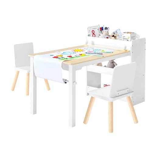 VEVOR Kids Art Table and Chair Set, Toddler Craft Table with 3 Tiers Storage Cabinet, Wooden Kids Activity Play Desk with 2 Chairs, Art Craft Play...