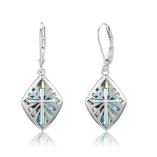 Cross Earrings for Women Sterling Silver Abalone Shell Cross Dangle Earrings Lever Back Drop Earrings Religious Jewelry Gifts