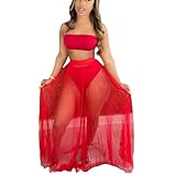 Moonlips Women's Sexy See Through Mesh Bandeau Skirt with Shorts 2 Pieces Set Dress