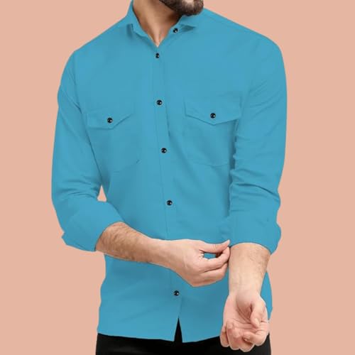 Image of Double Pocket Men's Casual Shirt - Regular Fit, Solid Spread Collar, Versatile Everyday Wear, Comfortable and Stylish Design, Ideal for All Seasons Dark Firozi
