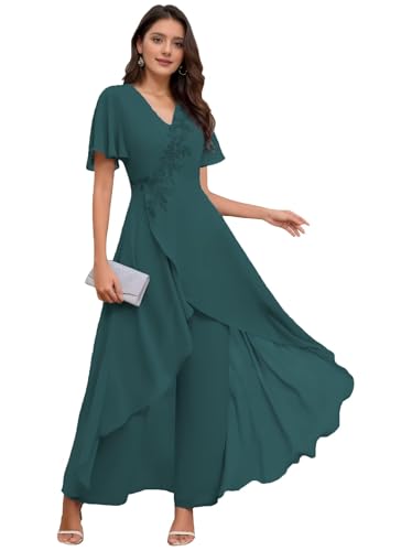 Mother of Bride Pant Suits for Wedding Chiffon Lace Applique Formal Pant Suits for Women Evening Party 2 Piece