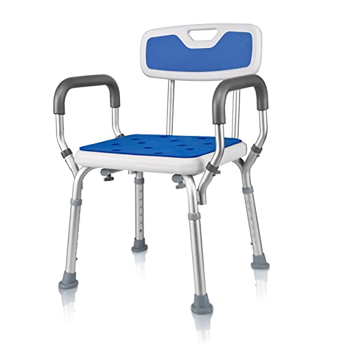 Shower Chair with Arms Anti Slip Design w/ Padded Handles Shower Seat Perching Stool 6-Level Height Adjustable Shower Stools for Elderly Disabled Pregnant Adult