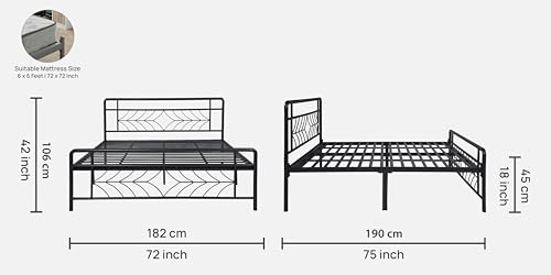 Image of Vara Metal King Size Bed Without Storage | Wrought Iron Double Bed with Headboard & Footboard | Sturdy Powder Coated Platform Bed King Size Cot for BedroomLivingRoom Black (75x72)