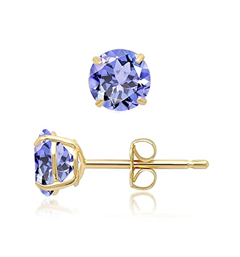 Voss+Agin 14K White Gold/Yellow Gold Round Genuine Birthstone Gemstone 4 Prong Stud Earrings For Women/Girls (6MM) 2.00CTW. (Yellow Gold | Created Tanzanite)