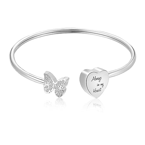 XIUDA Urn Bracelet for Human Ashes Butterfly Heart Ash Bracelet for Women Stainless Steel Openable Cuff Bangle Cremation Bracelet - Always in My Heart