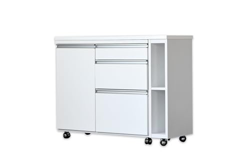 キッチンカウンター 伸縮カウンター 食器収納 幅105cm 伸縮式 引出し 開き戸収納 レンジラック 棚 収納棚 可動棚 エナメル 白 すき間収納 トースターラック 85194