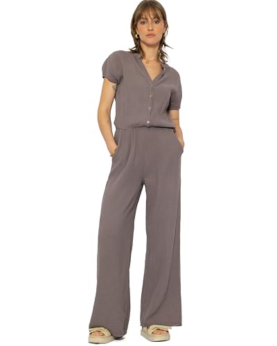 SASSYCLASSY Musselin Jumpsuit Damen Sommer - Overall Damen Sommer lang in Taupe- Jumpsuits für Damen aus Baumwolle mit V-Ausschnitt und elastischer Taille - Größe M