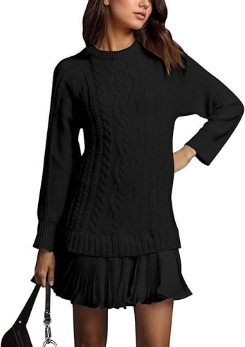 Women Crewneck Cable Knit Sweater Mini Dress, Cable Knit Sweater Dress Women, Patchwork Dress, with Skirt and Round Neck2