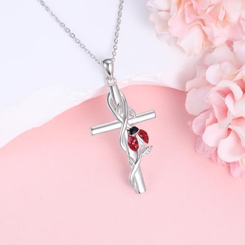 925-Sterling-Silver Cross Necklace for Women - Cute Red Ladybug Necklaces Religious Pendant Hypoallergenic Ladybug Jewelry Birthday Christmas Gift for Daughter Mother4