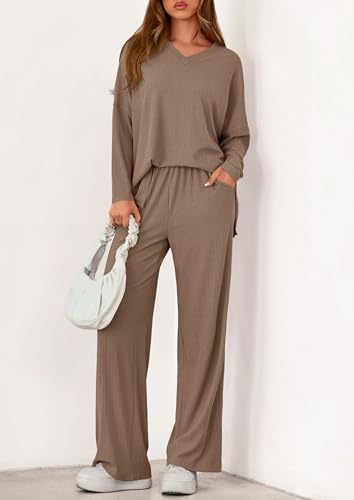 PRETTYGARDEN 2 Piece Lounge Sets for Women Fall Outfits 2025 Casual Loose Long Sleeve Tops Wide Leg Pants Matching Pajama Set