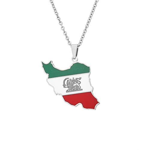 CECECOLEPansr Osten Iran Karte Flagge Anhänger Halskette Schmuck Charm Tropfen Glasur Geometrische Hip Hop Paar Unisex Pullover Kette Für Frauen Männer Geschenk, Silber, 45Cm(17.7 Zoll)