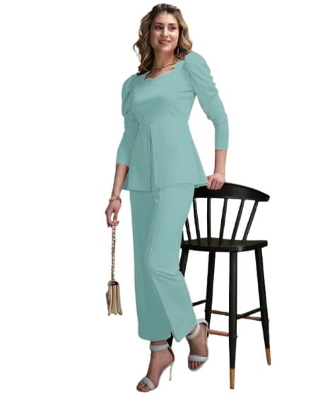 Women's Two Piece Pant Suit Set, Long Sleeve Blazer Top with Straight Leg Trousers, Formal Office Wear
