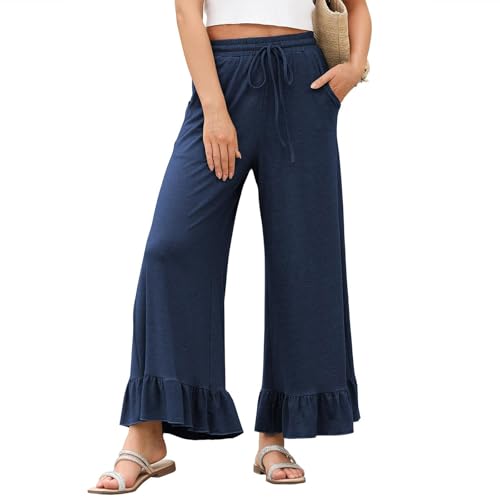 Womens Wide Leg Pants Elastic High Waisted Ruffle Hem Palazzo Pants Loose Fit Summer Casual Beach Pants Plus Size Flowy Culottes Comfy Cotton Dance Pant with Pockets Active Workout Pant 2025