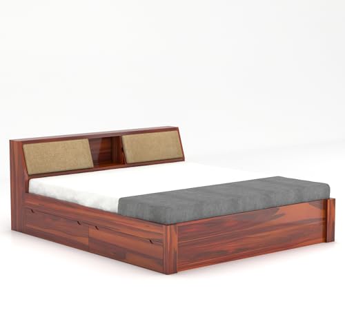 Image of Sheesham Wood King Size Bed with Drawer Storage Solid Wood Double Bed Palang Wooden Bed for Bedroom Living Room Furniture (Honey Finish)