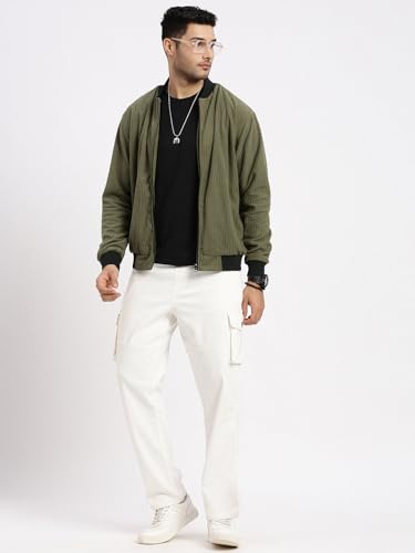 Image of SHOWOFFFF Men Solid Bomber Jacket | Mock Collar Full Sleeves Nylon Jacket for Mens | Slim Fit Regular Length Jacket for Men's