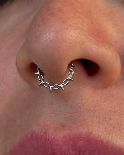 Titanium Septum Ring Daith Hoop 16G ASTM F136 Surgical Titanium Spiked Chain Nose Piercing Jewelry for Men Women, 8mm 10mm, Silver Gold, Hypoallergenic Clicker2
