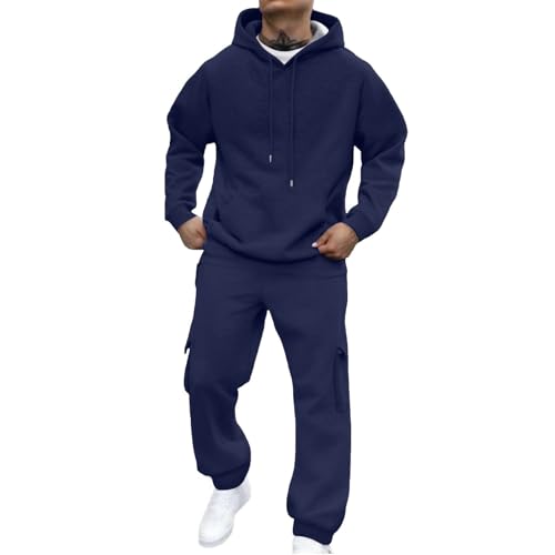 Conjunto completo de sudadera con capucha para hombre, para entrenamiento, fitness, correr, ropa deportiva, ajuste casual, manga larga, conjunto de chándal cómodo, cálido y elegante, azul marino, XXL