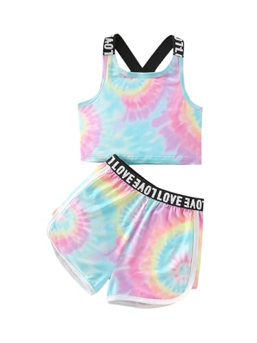 SOLY HUX Girls 2 Piece Workout Outfits Letter Print Tie Dye Crop Tank Tops and Track Shorts Summer Athletic Clothing Set Multicolor 8Y
