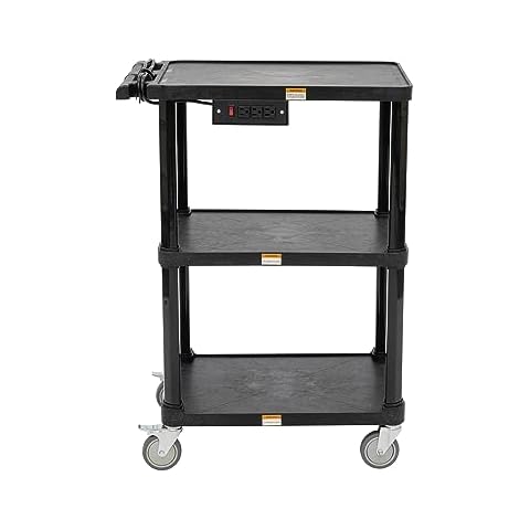 Pearington 3-Shelf Mobile Utility Cart with 3 Outlets and 8' Cord, Heavy-Duty Service Cart for Offices and Warehouses with 3 Shelves, Black Cover